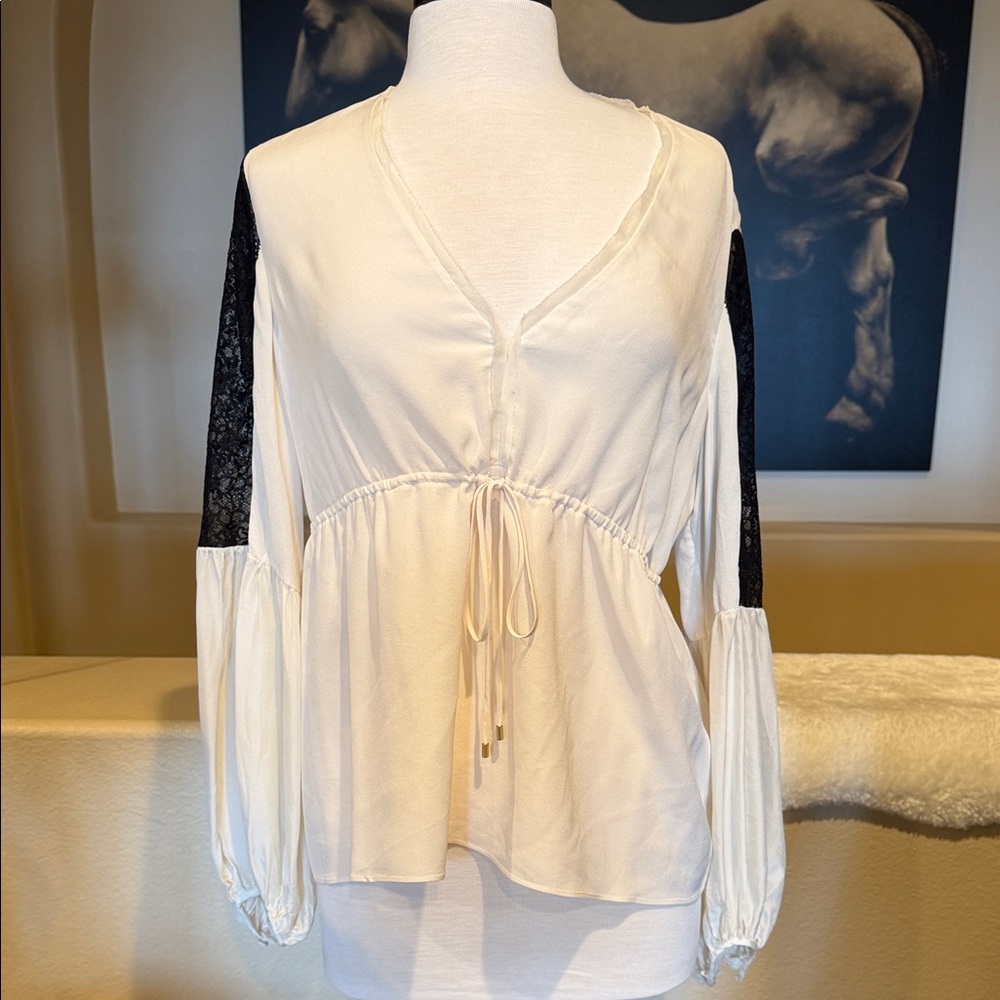 Rachel Zoe Silk Cream V-Neck Blouse with Black Lace Sleeve Panels